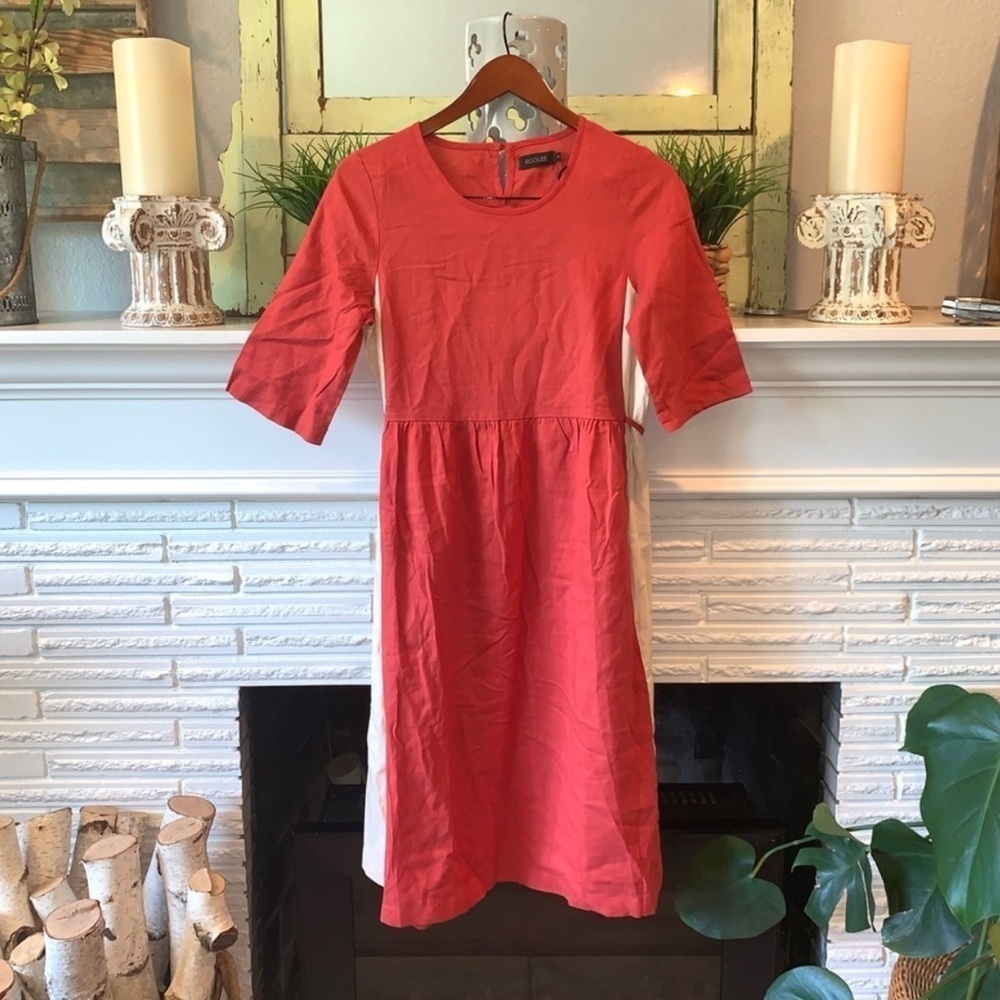 ROOLEE Izabella Orange & Cream Linen Short Sleeve Midi Dress NEW S